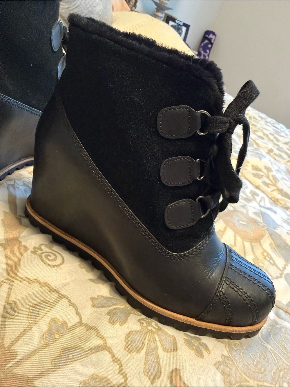 UGG Black Lace-Up Wedge Ankle Boot with Faux Fur Collar